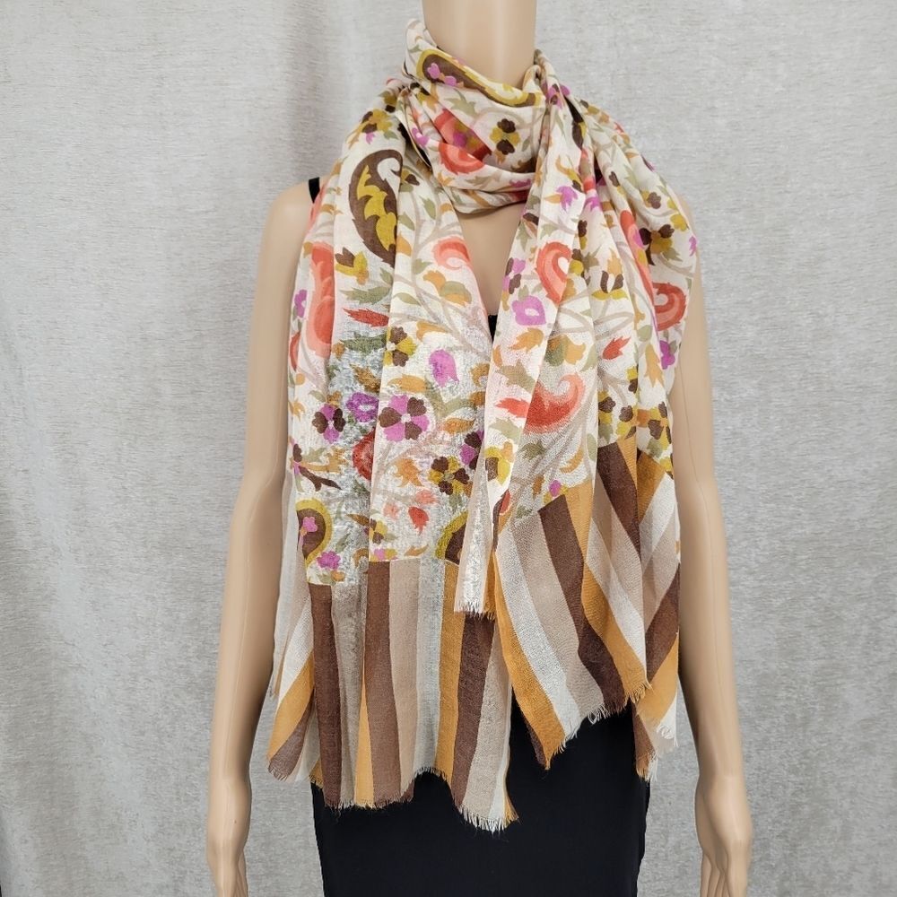 Krish Wool Silk Blend Nuetral Colored Paisley Stripes Pattern Scarf Shawl Wrap